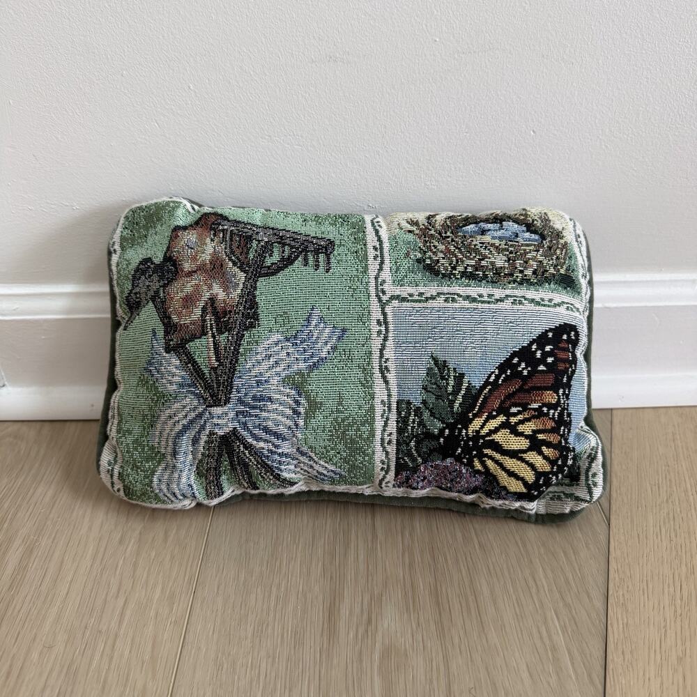 Vintage Tapestry Throw Pillow 12x8” Gardening Butterfly Spring